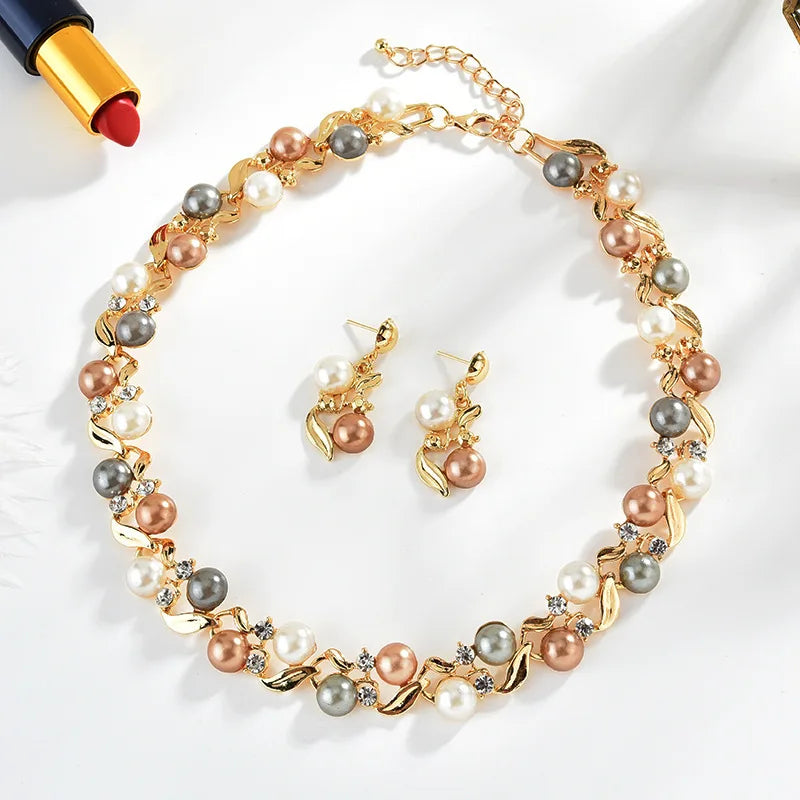 Royal Serenity Set for Women displayed with red lipstick, emphasizing the elegance of the pearl and gold jewelry for festive occasions.